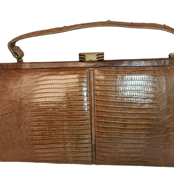 Vintage Palizzio Tegu Lizard Brown Rectangle Frame Closure 1960s Handbag - Picture 3 of 16